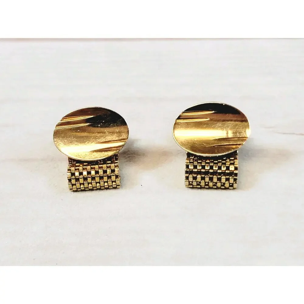 Vintage Gold Tone Round Etched CuffLinks & Classic Tie Tack Chain Clip